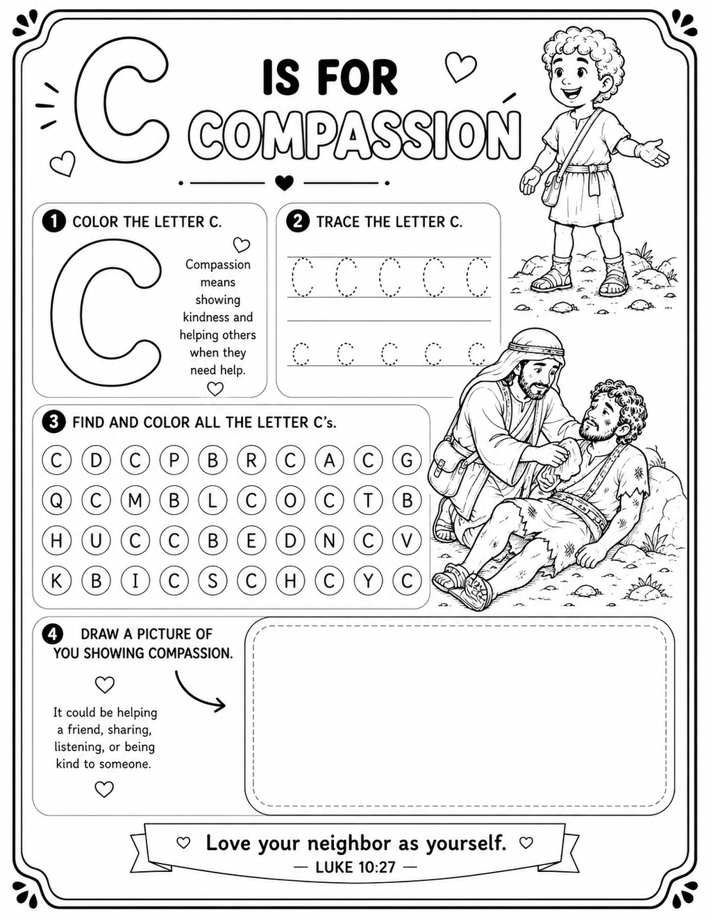 My Friend Jesus: C is for Compassion Printable Pack | The Good Samaritan Bible Activities for Kids